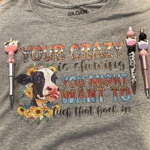 Brand new GILDAN cowgirl tee shirt with set of 3 cow beaded pens